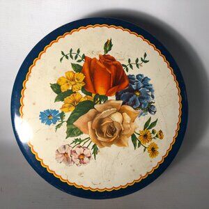 Vintage Round Tin Can Cookie container with Roses & Flowers